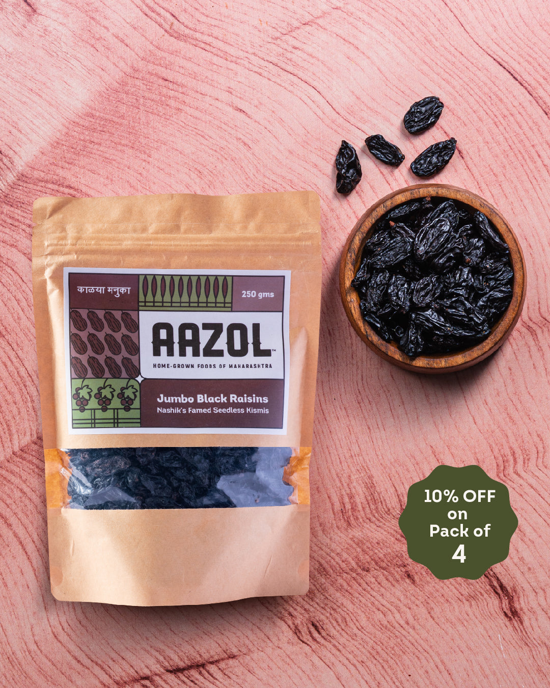 Jumbo Black Raisins: Nashik's Famed Seedless Kismis - 250g (Pack of 1/Pack of 4)