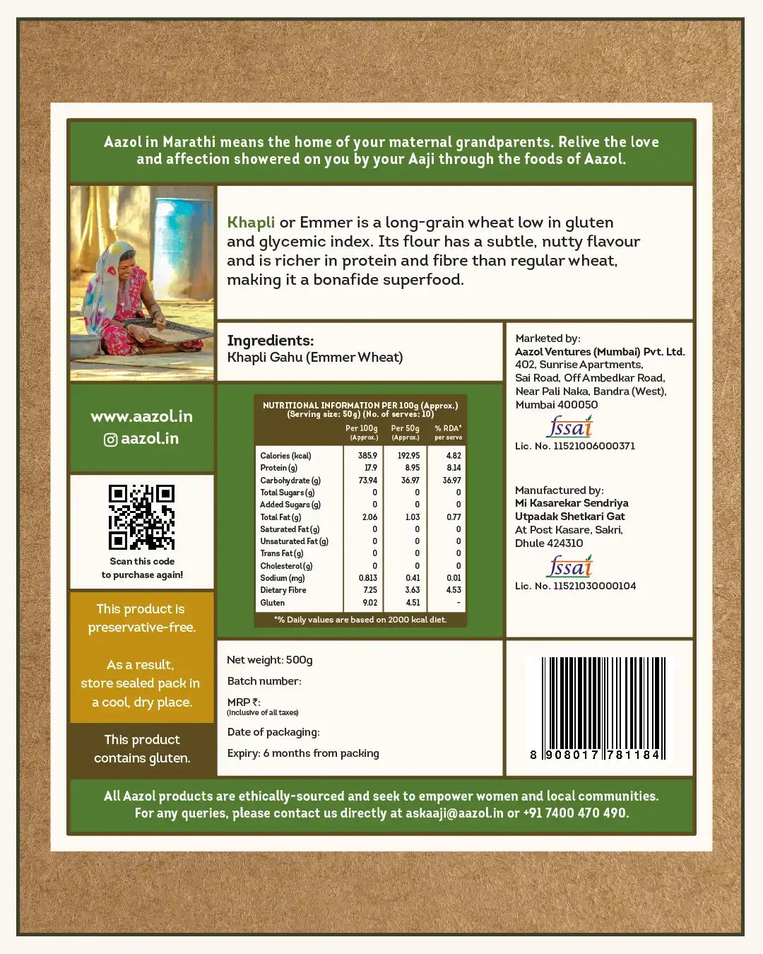 Low Gluten Khapli Atta: Emmer Wheat Flour (500g/2kg/5kg)
