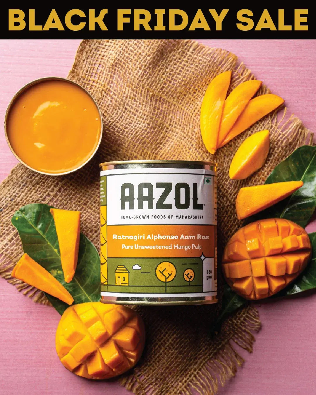 Ratnagiri Alphonso Aam Ras: Pure Unsweetened Mango Pulp - 850g