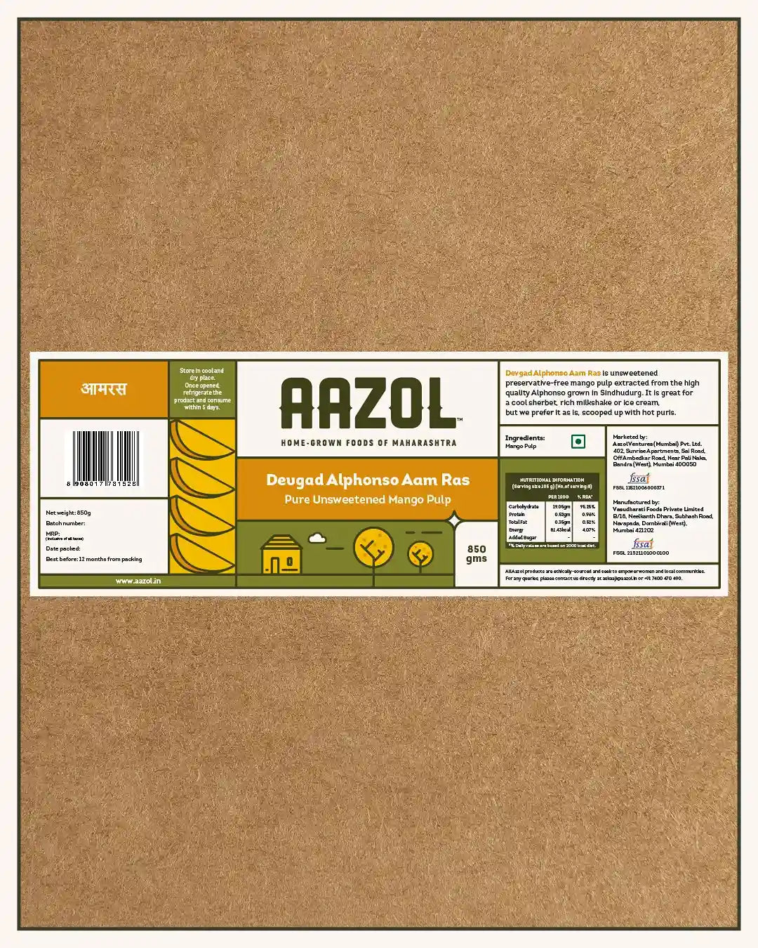 Devgad Alphonso Aam Ras: Pure Unsweetened Mango Pulp (850g/1.7kg)