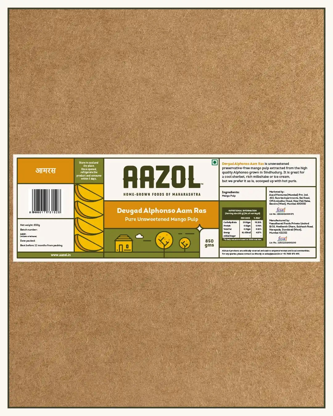 Devgad Alphonso Aam Ras: Pure Unsweetened Mango Pulp (850g/1.7kg)