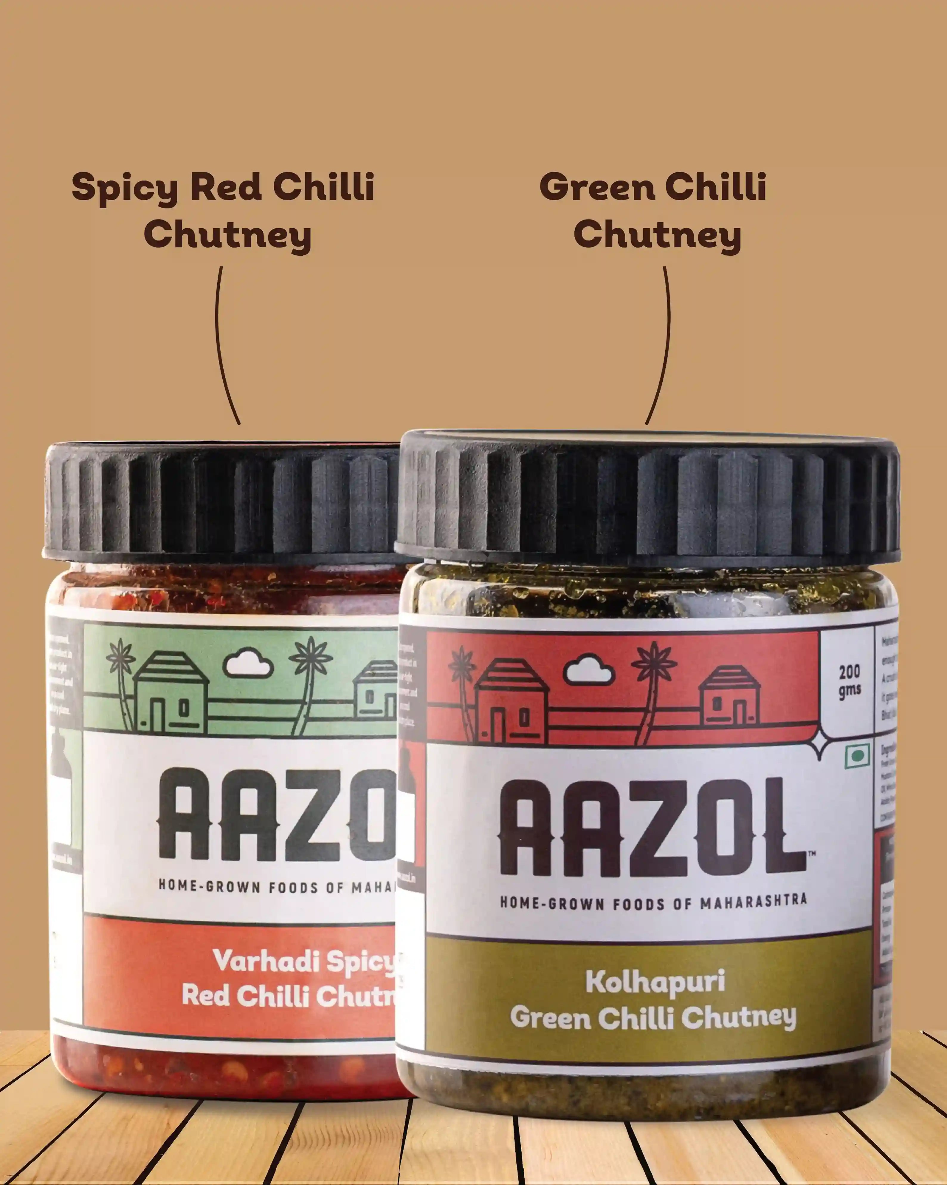 Aazol's Fresh Red & Green Chilli Chutneys Combo - Spicy Varhadi Thecha & Kolhapuri Thecha