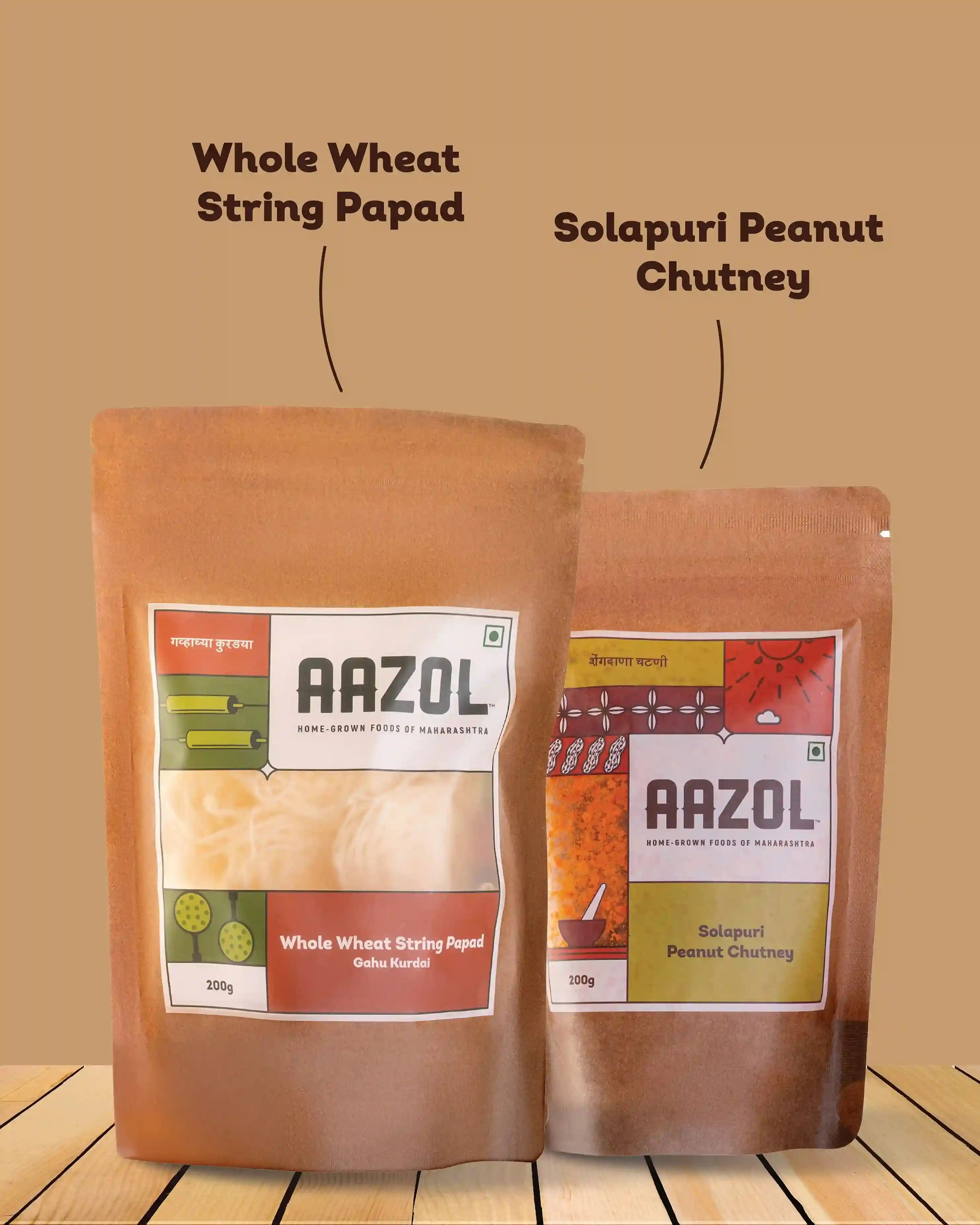 Aazol's Gahu Kurdai Sukha Bhel Combo - Whole Wheat String Papad & Peanut Chutney