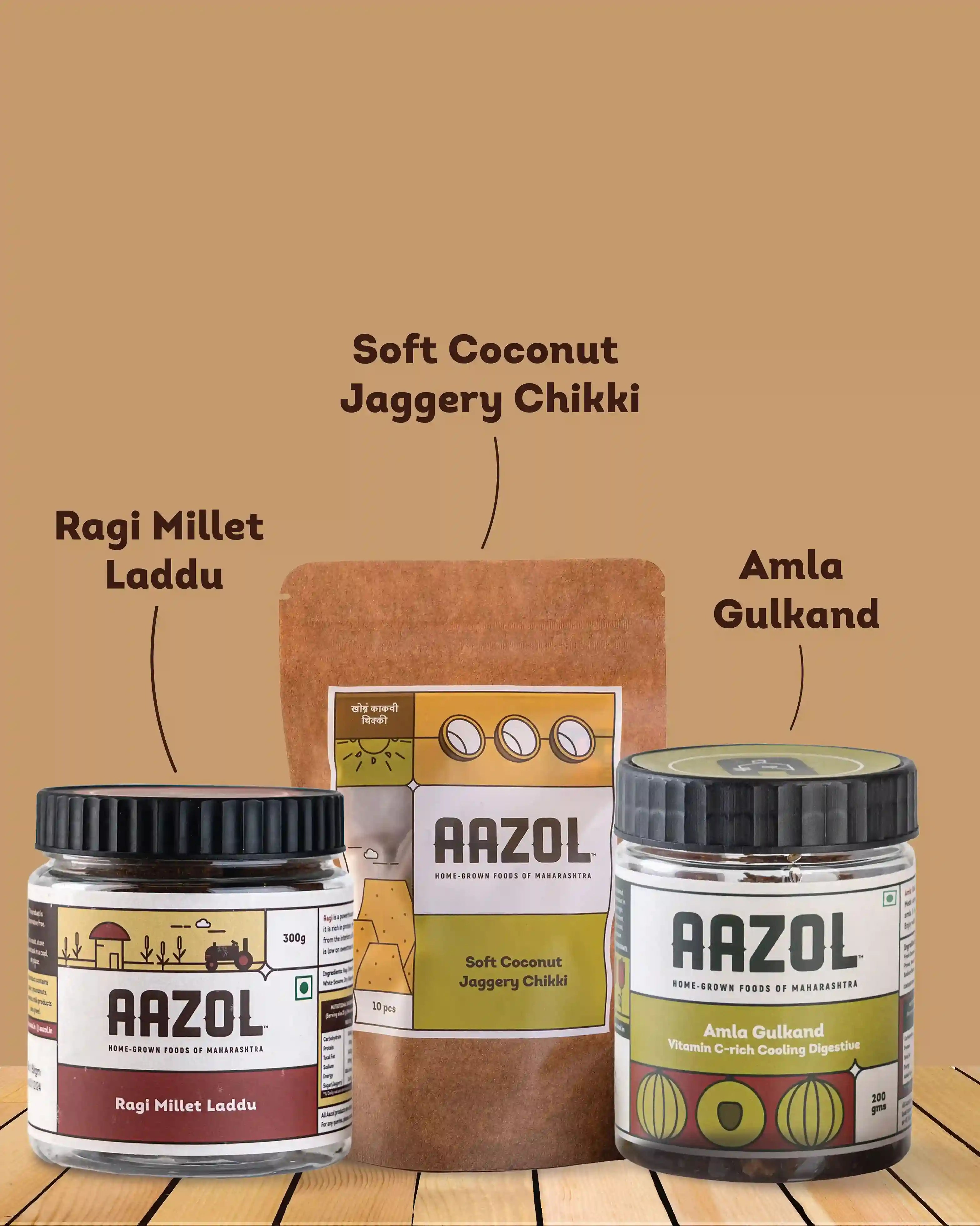 Aazol's Maharashtrian Sweets Combo - Ragi Laddu, Soft Coconut Jaggery Chikki & Amla Gulkand