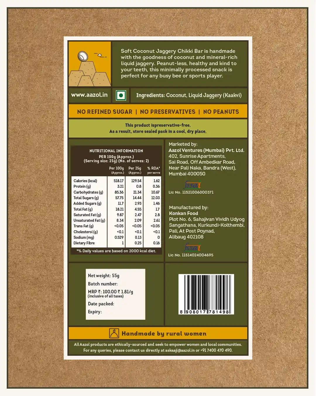 Soft Coconut Jaggery Chikki Bar (3 bars/9 bars)