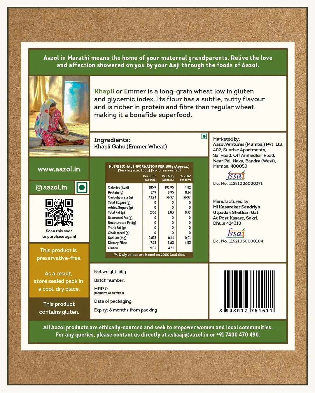 Low Gluten Khapli Atta: Emmer Wheat Flour