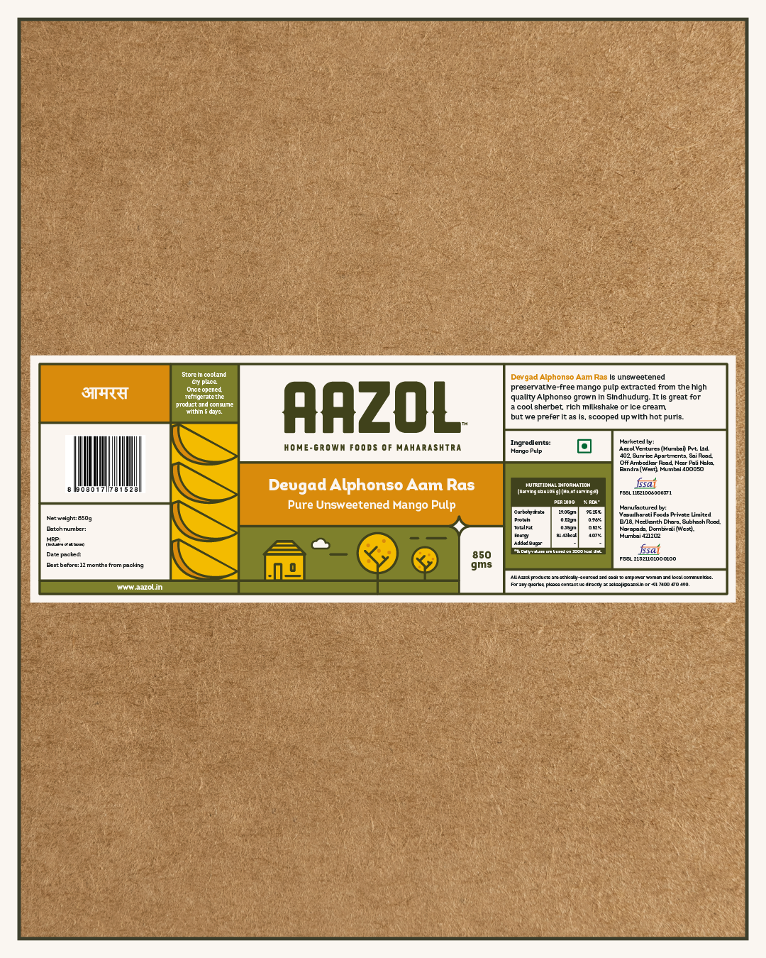 Devgad Alphonso Aam Ras: Pure Unsweetened Mango Pulp - 850g