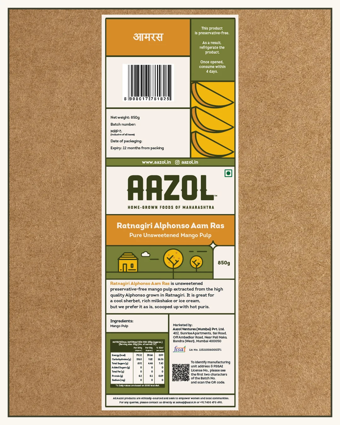 Ratnagiri Alphonso Aam Ras: Pure Unsweetened Mango Pulp - 850g