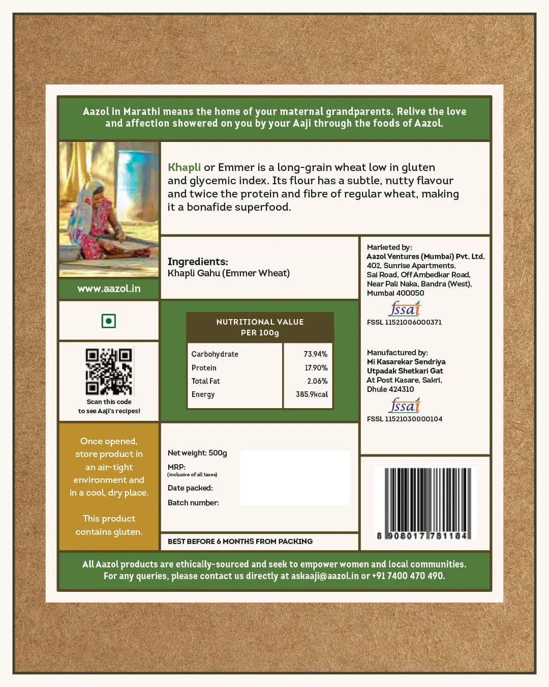 Khapli Gahu Peeth: Low-GI Emmer Flour - 500g Aazol