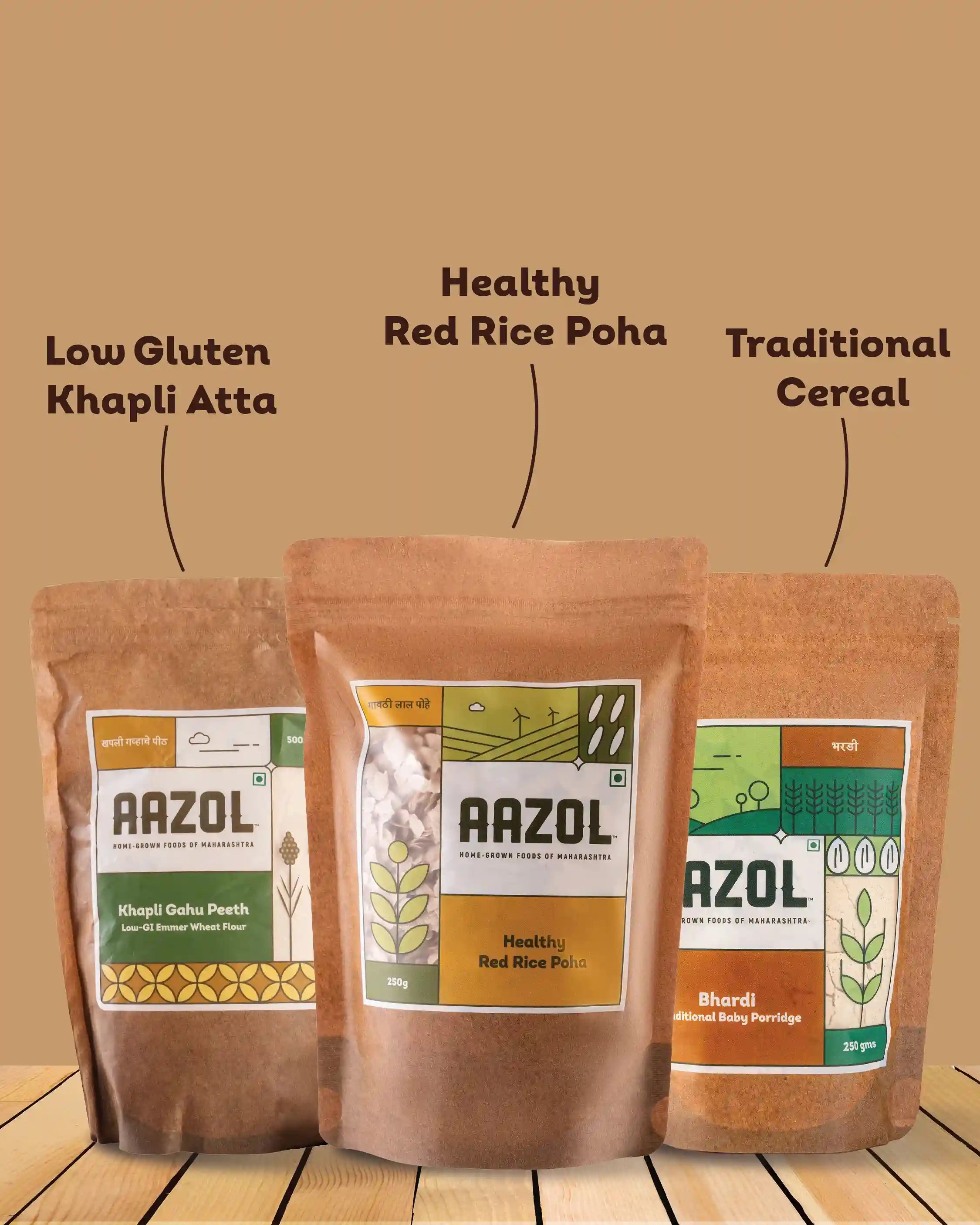 Aazol's Healthy Breakfast Combo - Khapli Atta, Red Poha & Traditional Cereal