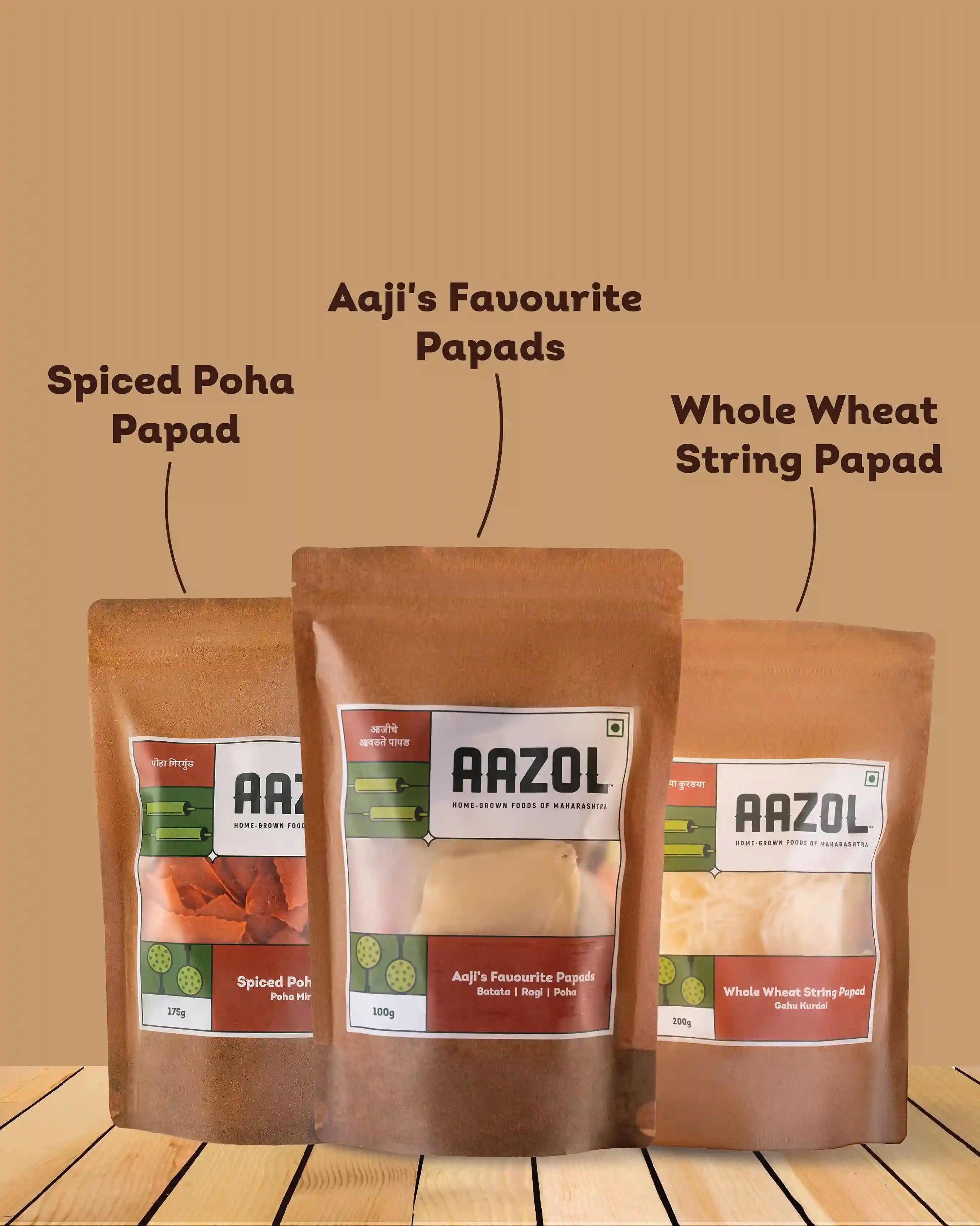 Aazol's Maharashtrian Papads Combo - Spiced Poha Papad, Aaji’s Favourite Papads, Whole Wheat String Papad