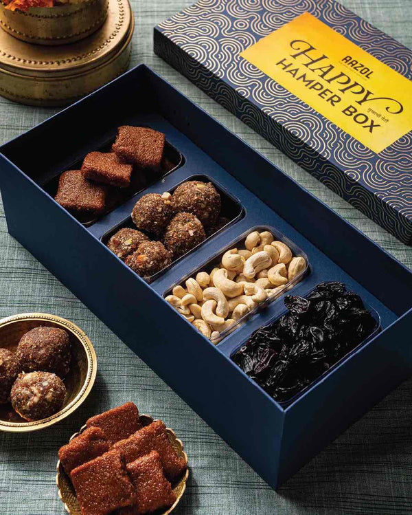 Aazol's - Dry Fruit Happy Hamper Box - Soft Coconut Jaggery Chikki, Premium Dry Fruit Gond Laddu, Konkan Cashwes & Black Raisins