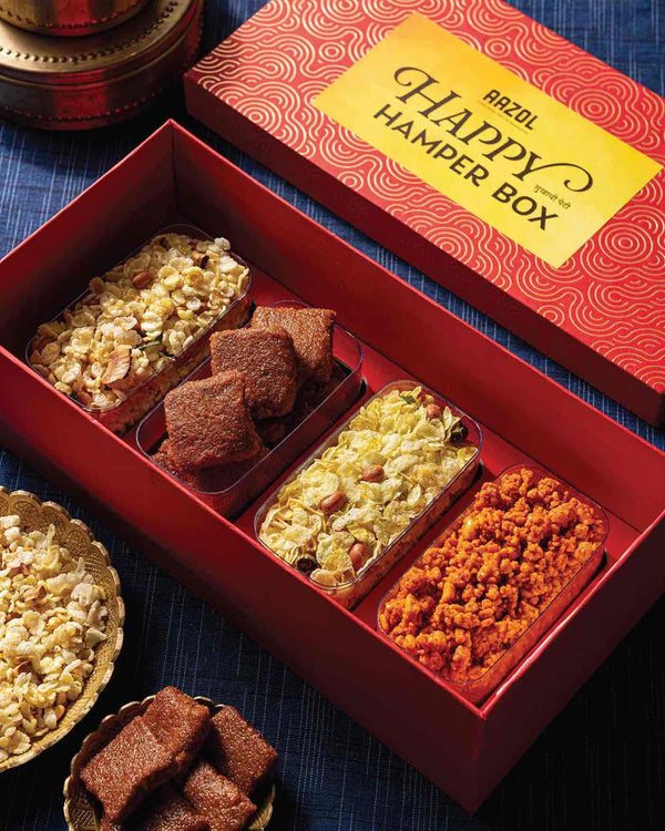 Aazol's - Snacks Happy Hamper Box - Poha Chivda, Soft Coconut Jaggery Chikki & Jowar Chivda