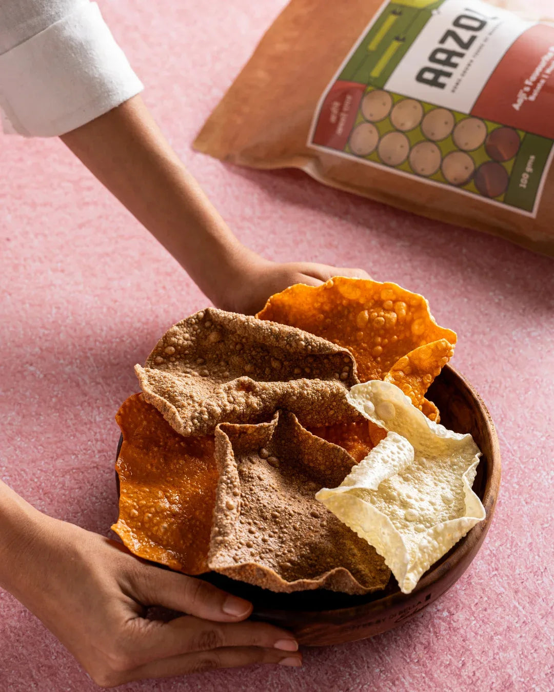 Crispy assorted Aazol's Aaji’s Favourite Papads (Batata, Ragi & Poha) served