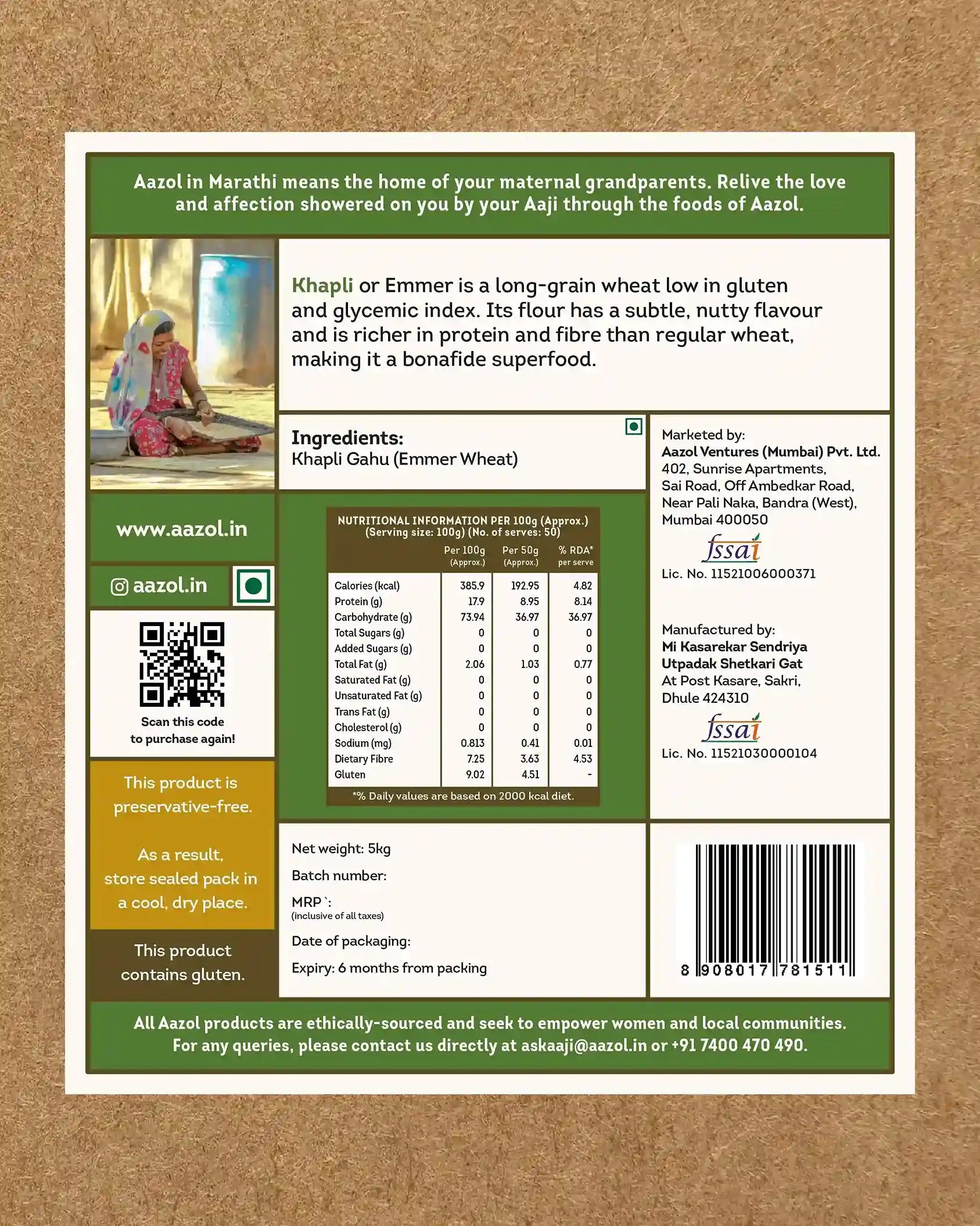 Low Gluten Khapli Atta: Emmer Wheat Flour